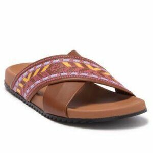 Johnny Was Alessi Leather Embroidered Crisscross Strap Slip On Sandals Brown 8